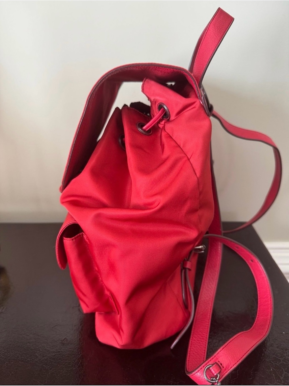 Coach Bright Red Nylon Drawstring Backpack with Front Pockets - Picture 9 of 12